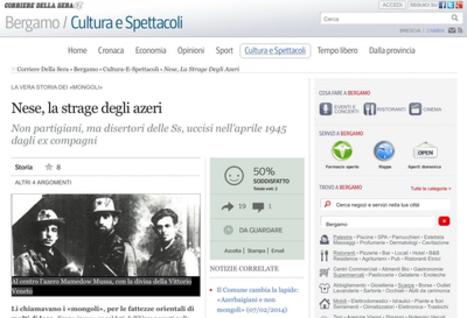 На сайте итальянской газеты «Corriere della Sera» опубликована статья об азербайджанских партизанах, проявивших героизм в годы Второй мировой войны