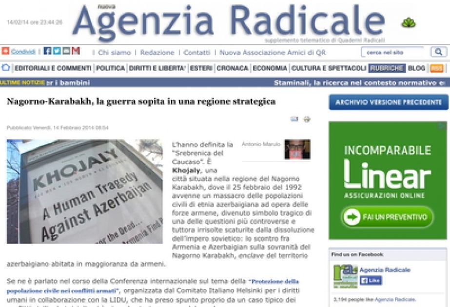 Итальянский новостной портал «Agenzia Radicale»: в 1992 году армяне устроили в Ходжалы геноцид против мирных азербайджанцев
