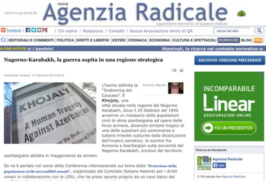 Le portail italien «Agenzia Radicale» : les Arméniens ont commis en 1992 un acte de génocide contre les Azerbaïdjanais à Khodjaly