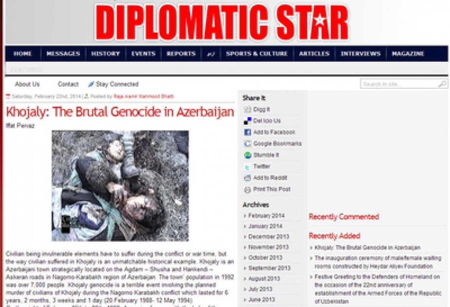 Pakistanın ingilisdilli “Diplomatik Star” jurnalında tədqiqatçı-alim İffat Pərvizin “Xocalı: Azərbaycanlıların amansız soyqırımı” adlı məqaləsi dərc edilmişdir