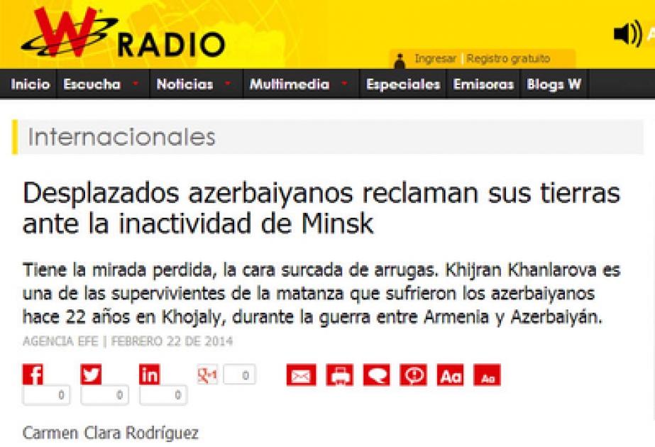 İspaniyanın “W Radio” dalğasının internet saytında Xocalı soyqırımı barədə məqalə yerləşdirilmişdir