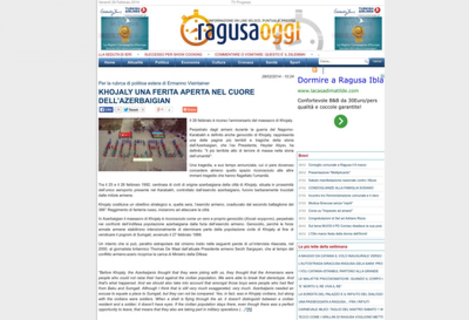 İtaliyanın “Ragusa oggi” xəbər portalında Xocalı soyqırımı ilə bağlı məqalə yerləşdirilmişdir