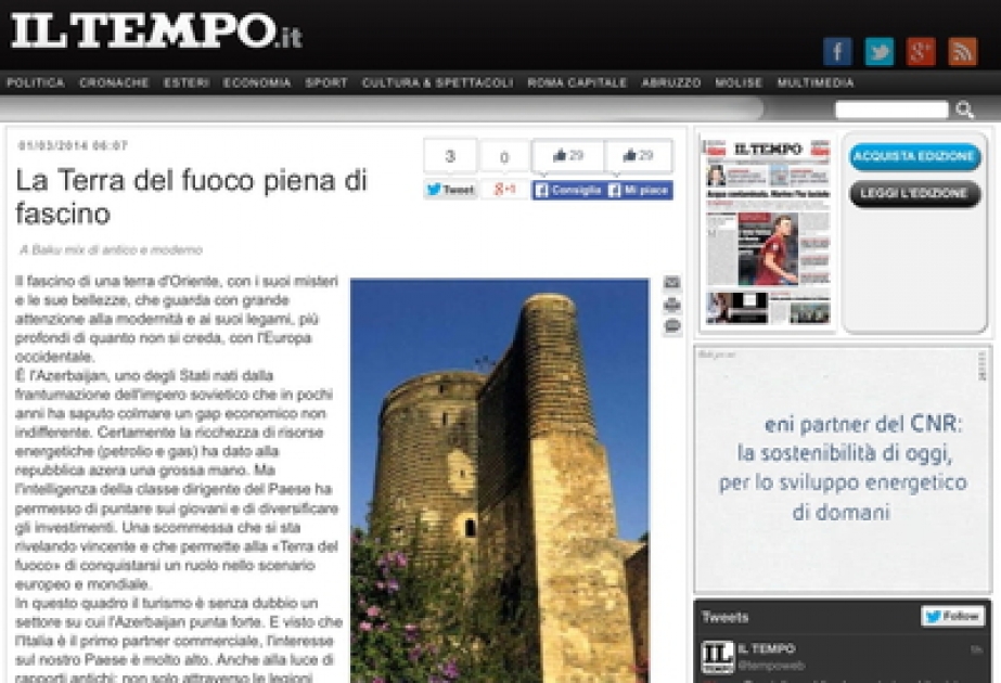 Italian Il Tepmo newspaper issues article about Baku