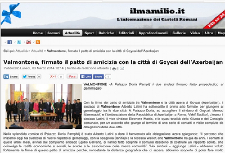 Italian website highlights the signing of sister relationship agreement between Azerbaijan`s Goychay and Italy`s Valmontone