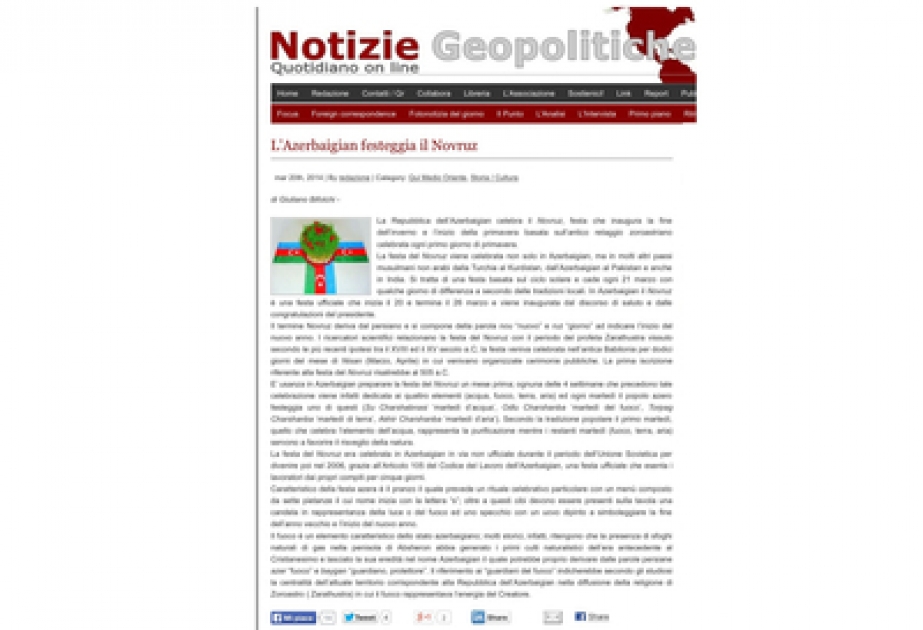 Italian Notizie Geopoplitiche news portal posts on article about Novruz