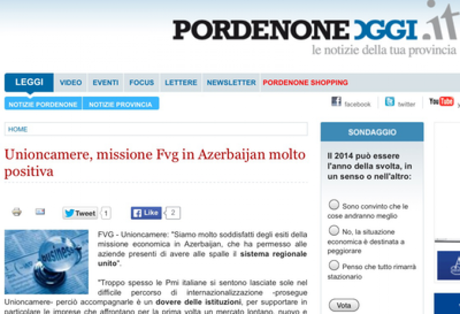 Italia`s Pordenone oggi news portal writes about visit of Italian delegation to Azerbaijan