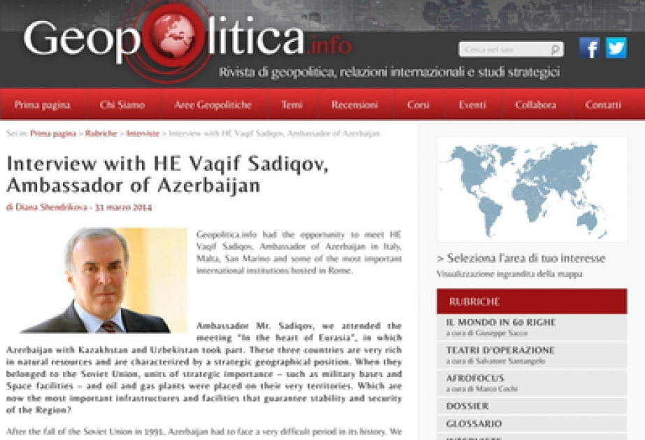 Italian “Geopolitica” online magazine issues interview with Azerbaijani Ambassador