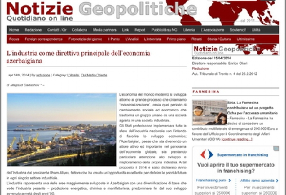 На итальянском новостном портале «Notizie Geopolitiche» опубликована статья собственного корреспондента АзерТАдж под названием «Промышленность как приоритетное направление экономики Азербайджана»