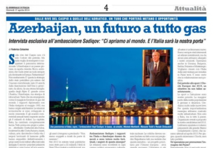 İtaliyanın “İl giornale d'İtalia” qəzetində Azərbaycan səfirinin müsahibəsi dərc edilmişdir
