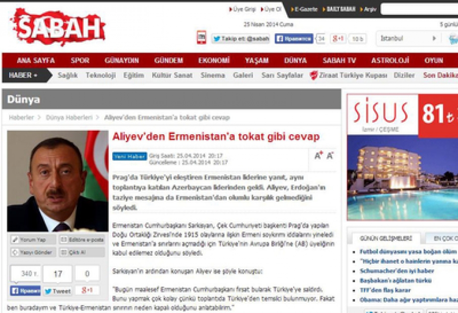 Türkiyə mətbuatı Prezident İlham Əliyevin Praqadakı çıxışını diqqətlə izləyir və yüksək dəyərləndirir