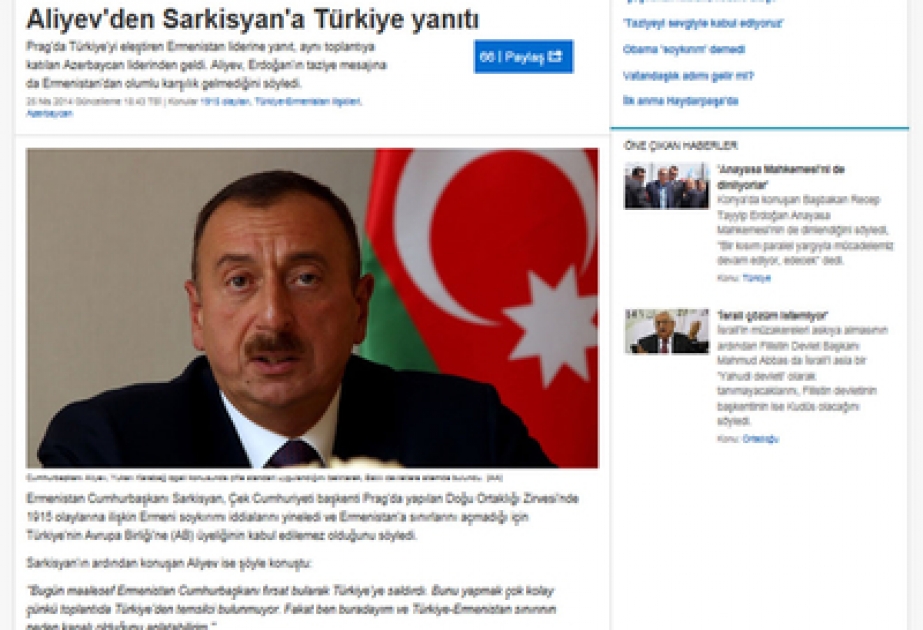 “Əl-Cəzirə Türk” televiziyası Prezident İlham Əliyevin Praqa Sammitindəki çıxışını Türkiyəyə əsl qardaşlıq dəstəyi kimi dəyərləndirmişdir