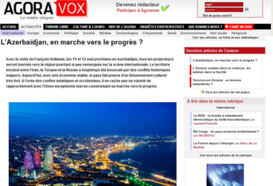 Fransanın “Agoravox” portalında Azərbaycanın sürətli inkişafından bəhs edən məqalə yerləşdirilmişdir
