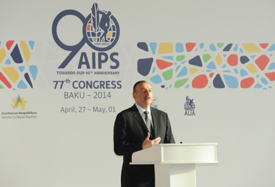 Zu Ehren der Teilnehmer des 77. Kongresses von AIPS ein Empfang gegebenPräsident von Aserbaidschan Ilham Aliyev nahm an der Zeremonie teil VIDEO