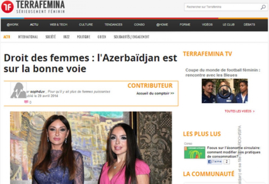 Во французском интернет-портале «terrafemina-com» размещена статья, рассказывающая о правах женщин в Азербайджане