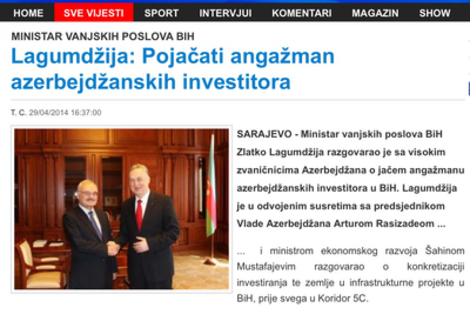 Bosniya və Herseqovina mətbuatında bu ölkənin Nazirlər Kabineti sədrinin müavininin Azərbaycana səfəri geniş işıqlandırılmışdır