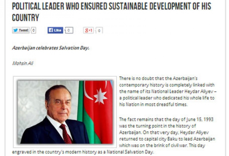Pakistan`s Diplomatic Star magazine posts article headlined “Political leader who ensured sustainable development of his country”
