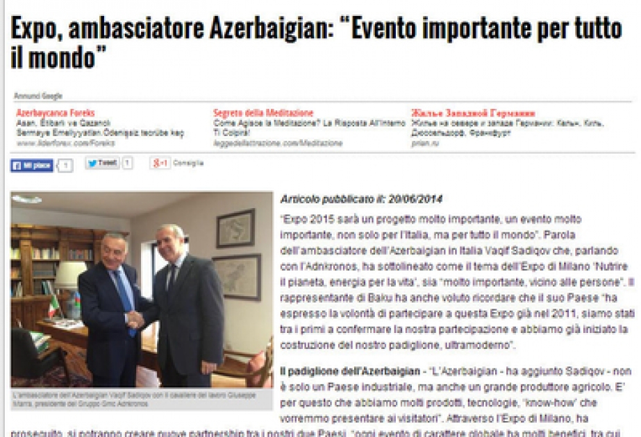 Italian Adnkronos news agency interviews Azerbaijani Ambassador