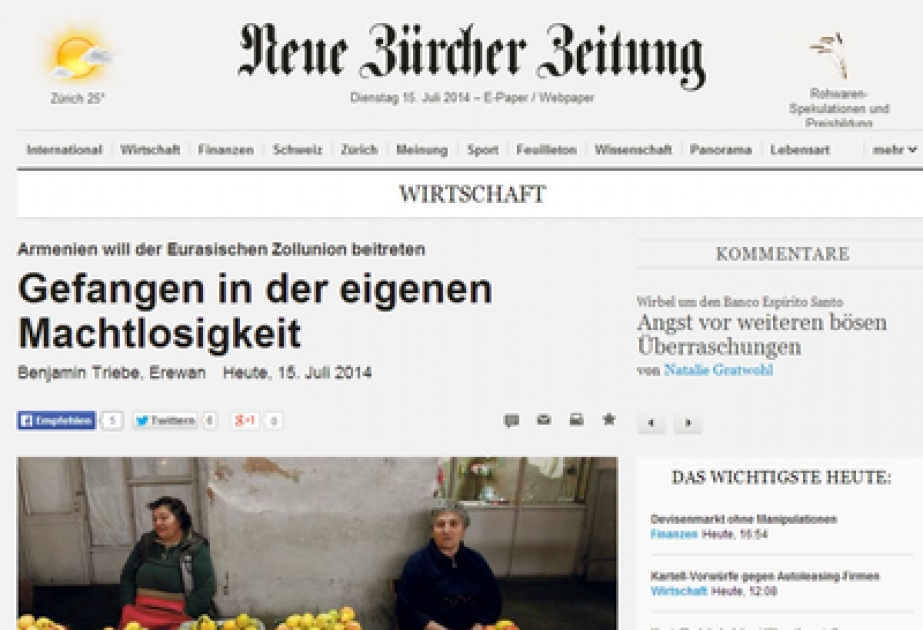İsveçrənin “Neue Zuricher Zeitung” qəzeti Ermənistanın acınacaqlı vəziyyətindən yazır
