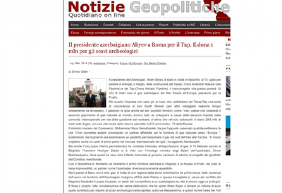 Azerbaijan is not only an oil-rich country, it has an ancient history, Italian Notizie Geopolitiche website