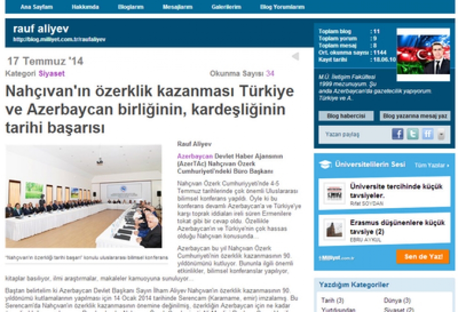 Türkiyə saytlarında Naxçıvanın muxtariyyət qazanmasının 90 illik yubileyinə həsr olunmuş məqalə yerləşdirilib