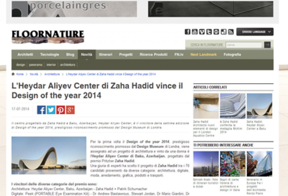 Italian website highlights Zaha Hadid`s receiving Design of the Year award for Heydar Aliyev Center