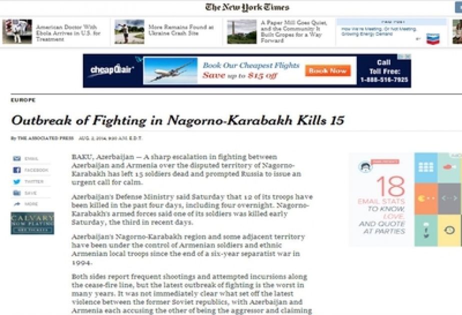 “The New York Times”: Azərbaycanın Dağlıq Qarabağ regionu və ona bitişik əraziləri 1994-cü ildə separatçı müharibənin sonundan erməni hərbçilərinin nəzarəti altındadır