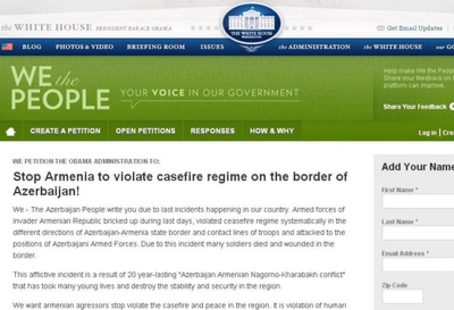 Petition demanding an end to Armenia`s violating ceasefire placed on White House website