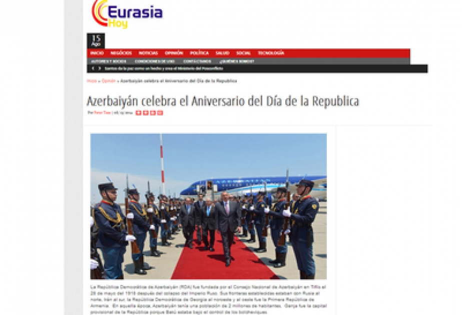 “Eurasia Hoy” xəbər portalında Azərbaycan Xalq Cümhuriyyəti və Prezident İlham Əliyevin Azərbaycan xalqına müraciəti haqda məqalə dərc edilib