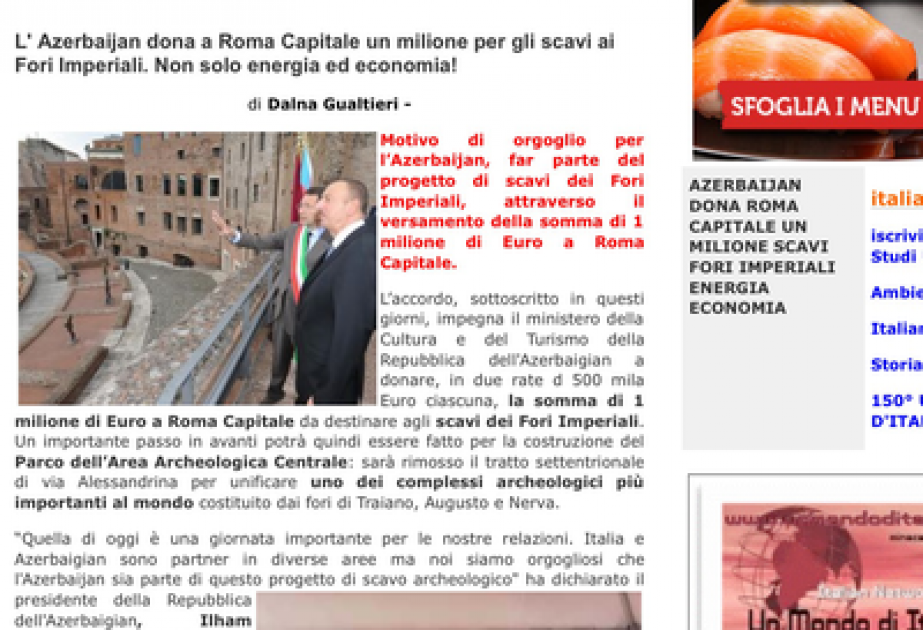 意大利网络报纸《Un Mondo di Italiani》刊登文章：《阿塞拜疆所提供的帮助将对罗马文化的发展作出举足轻重的贡献》