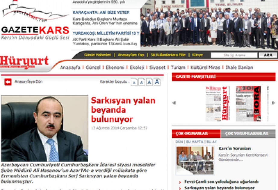 Prezident Administrasiyasının ictimai-siyasi məsələlər şöbəsinin müdiri Əli Həsənovun AzərTAc-a müsahibəsi Türkiyənin www.gazetekars.com xəbər portalında dərc olunub