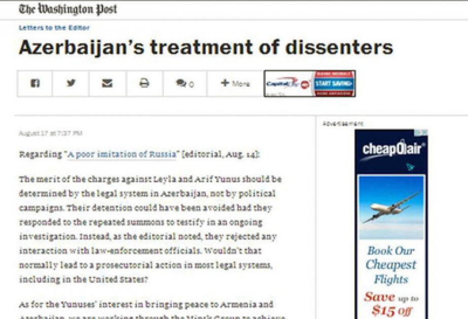 Газета The Washington Post опубликовала заявление посла Азербайджана в США Элина Сулейманова в связи с делом Лейлы и Арифа Юнус