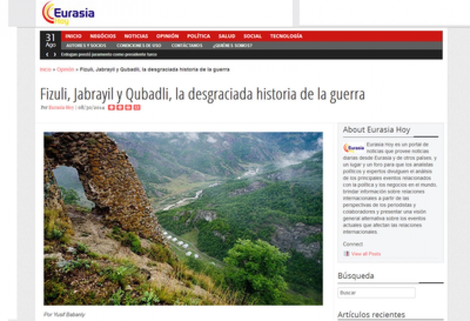 西班牙语报纸Eurasia Hoy刊登关于1993 年亚美尼亚占领菲祖利、杰布拉伊尔和库巴特雷的文章