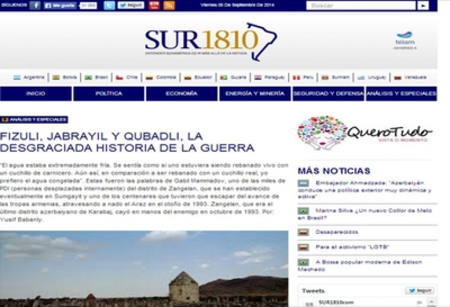 哥伦比亚报纸《SUR 1810》发表关于亚美尼亚于1993年占领菲祖利、杰布拉伊尔和库巴特雷区的文章
