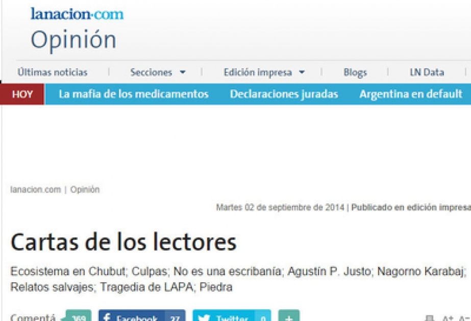 « La Nacion »报纸刊登我国驻阿根廷大使关于亚美尼亚 - 阿塞拜疆纳戈尔诺 - 卡拉巴赫冲突的信 