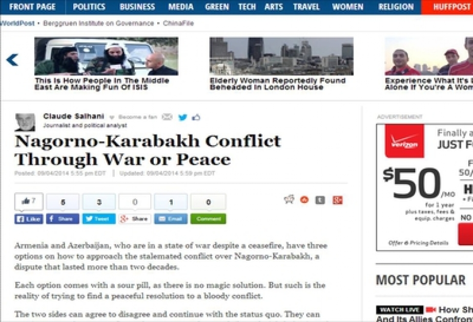 美国《赫芬顿邮报》报纸刊登解决纳戈尔诺 - 卡拉巴赫冲突方法的文章
