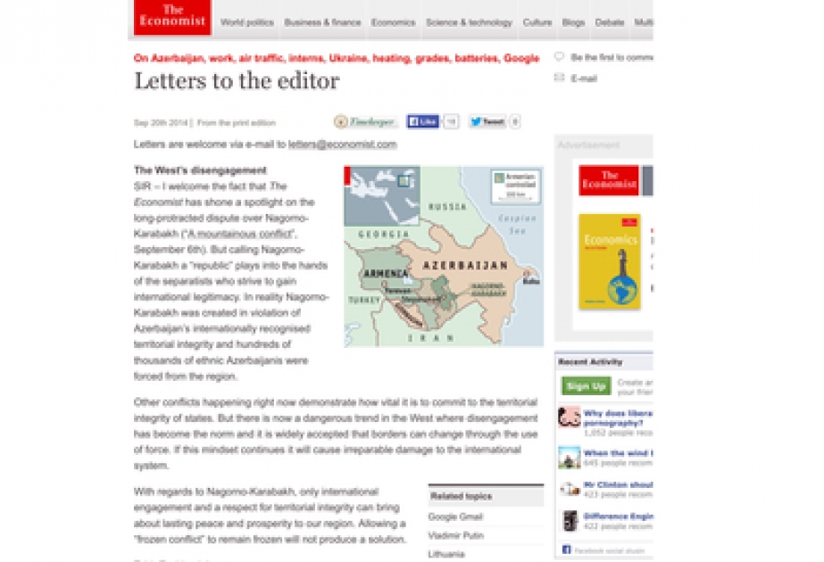 “The Economist” jurnalında Dağlıq Qarabağ münaqişəsi ilə bağlı məqaləyə Azərbaycan səfirinin cavab məktubu dərc edilib