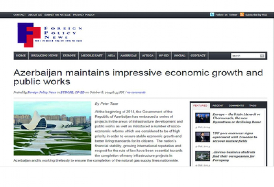 На американском новостном портале Foreign Policy News опубликована статья о реализации правительством Азербайджана инфраструктурных проектов