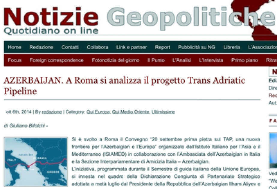«Notizie Geopolitiche» 门户网站：TAP对于意大利能源市场的发展具有重要意义