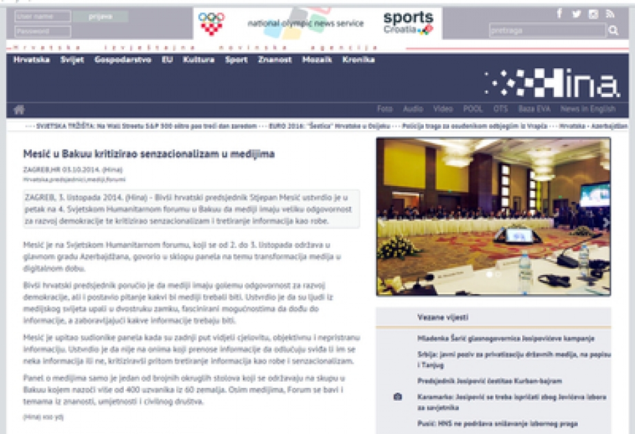 Xorvatiyanın HİNA agentliyi Humanitar Forum barədə məqalə yayıb