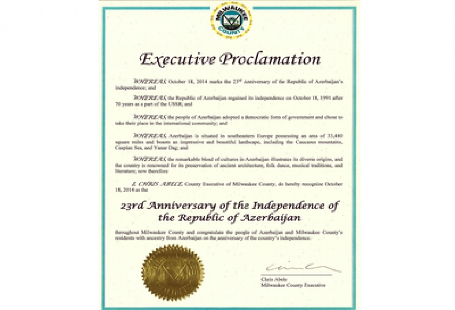 Milwaukee County recognizes October 18, 2014 as 23rd anniversary of Azerbaijan`s independence