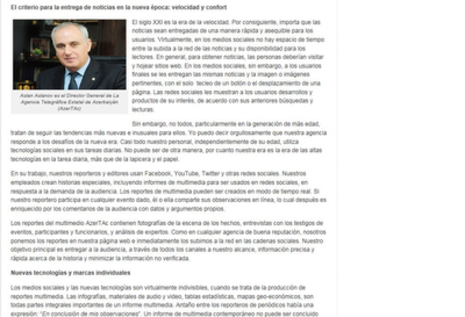 L’article du directeur général de l’AzerTAc Aslan Aslanov sur le site américain «Eurasia Hoy» VIDEO