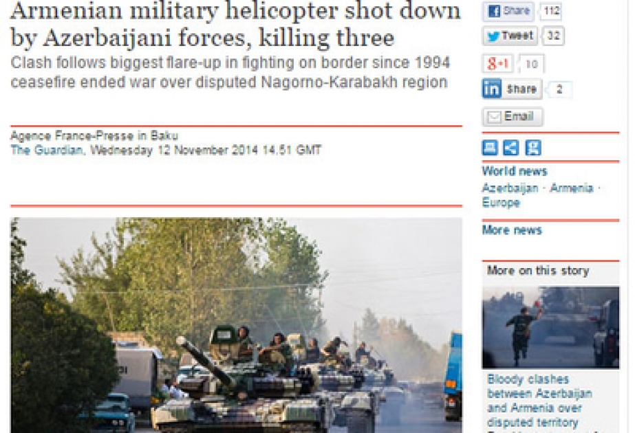 “Guardian” qəzeti Ermənistan helikopterinin vurulmasından yazır