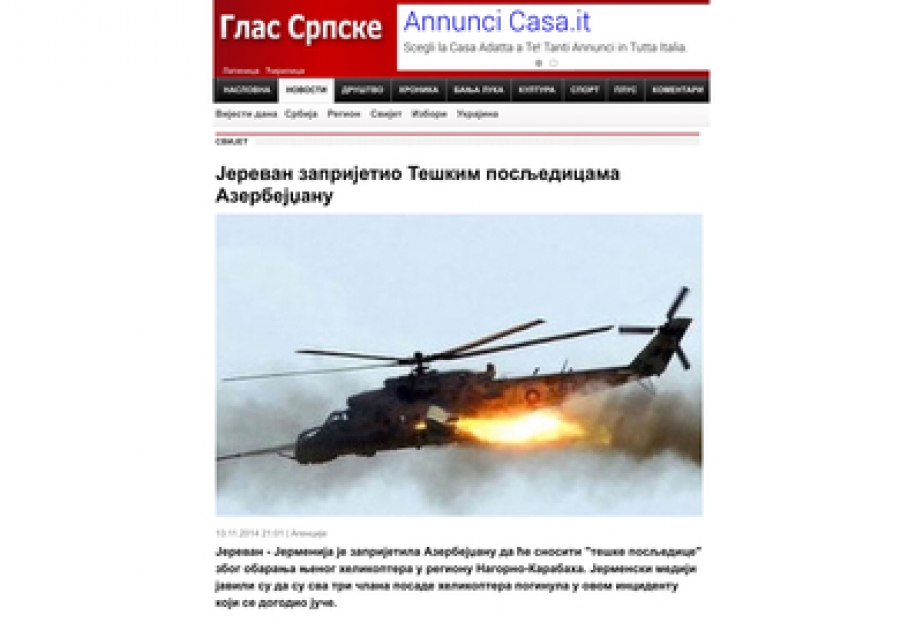 Ermənistan helikopterinin vurulması Serbiya və Monteneqro mətbuatının diqqət mərkəzində
