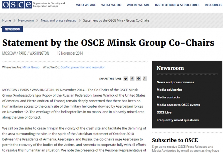 Минская группа ОБСЕ внесла поправку в свое заявление в связи со сбитым вертолетом Армении