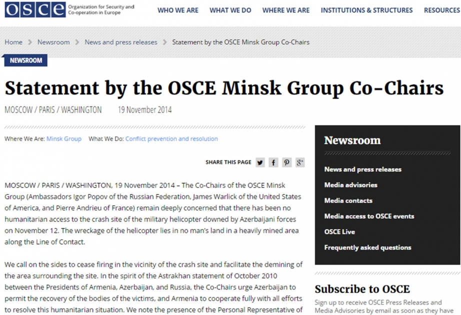 OSCE Minsk Group corrects statement on Armenian helicopter downing