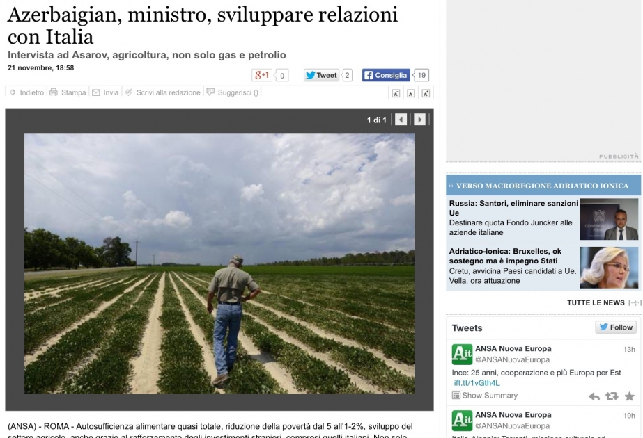 Azerbaijan and Italy: great potential for agricultural cooperation
