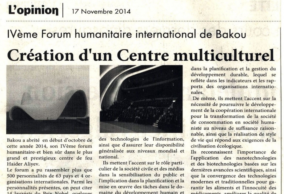 Mərakeşin “L`Opinion” qəzeti Humanitar Forumun əhəmiyyətindən yazır