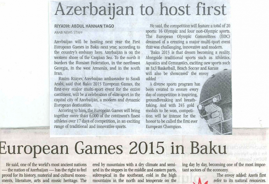 Arab News: Azerbaijan to host first European Games