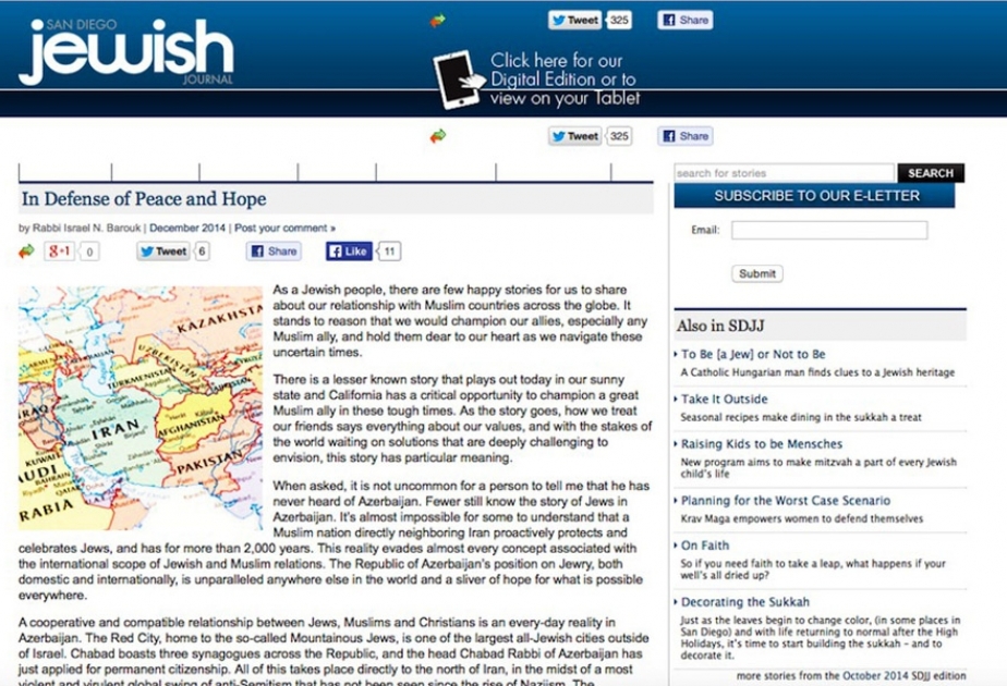 San Diego Jewish Journal: Azerbaijan represents hope for peace in the world