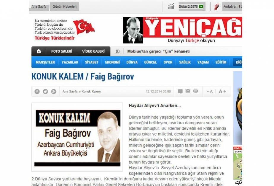 Türkiyənin bir sıra qəzetlərində Azərbaycan səfirinin Heydər Əliyev haqqında məqaləsi dərc edilib